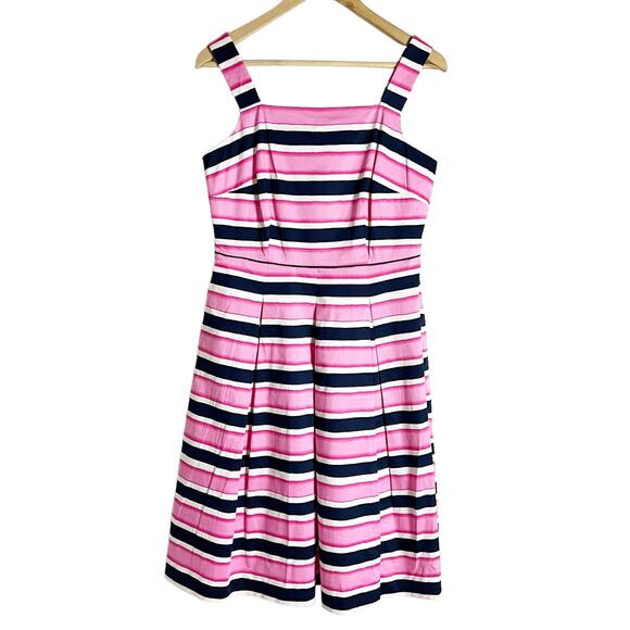 Talbots Pink Navy White Striped Square Neck Pleated Sleeveless Dress Size 4 - Picture 1 of 11